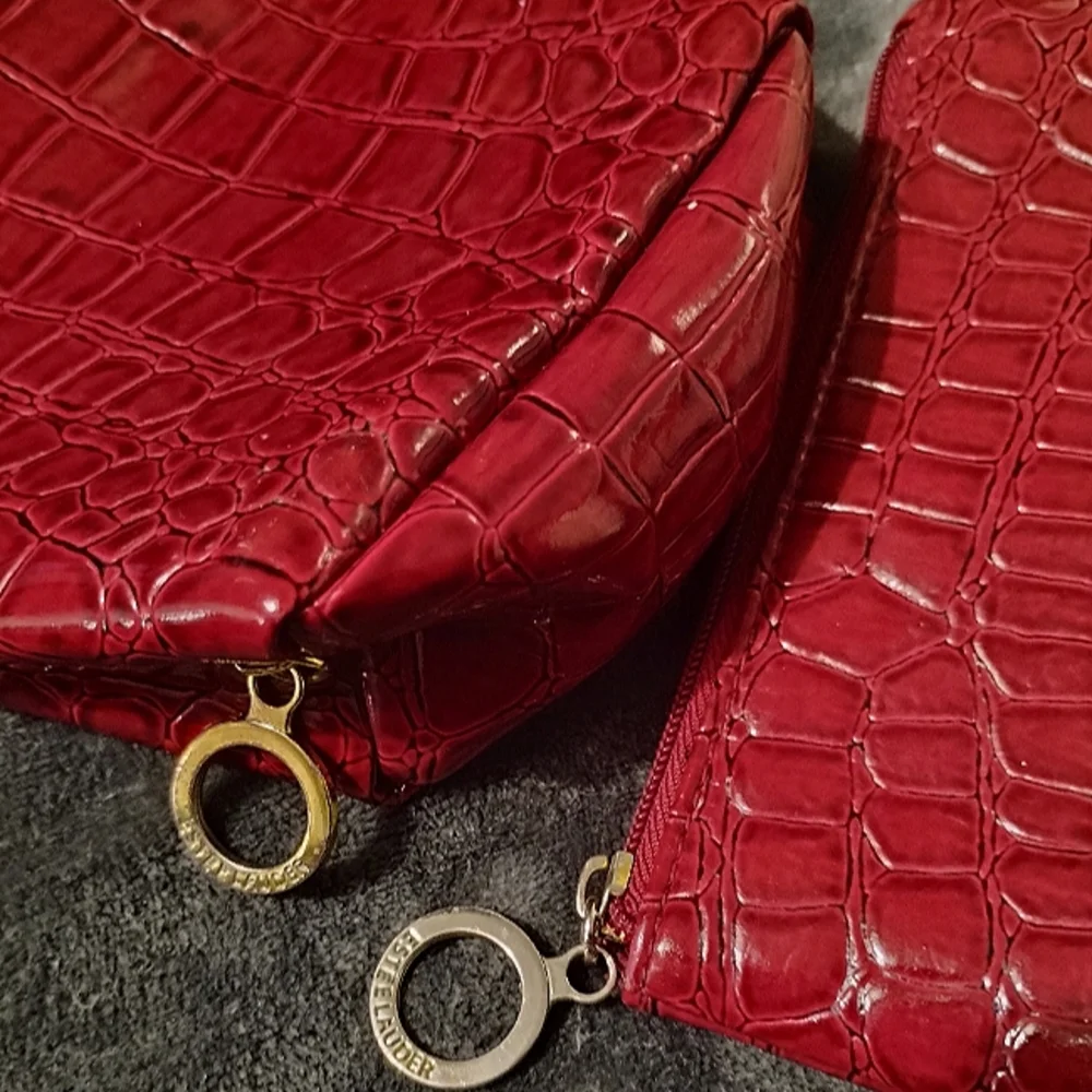 Estee Lauder Deep Red Croc Embossed Patent Toiletry Cosmetic Bags, Set of 2